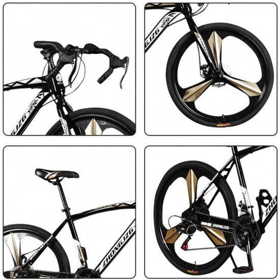 26in Road Bikes,21-Speed Disc Brakes Commuters Lightweight Aluminum Frame Full Suspension Road Bike, with 700c Tire (Black)