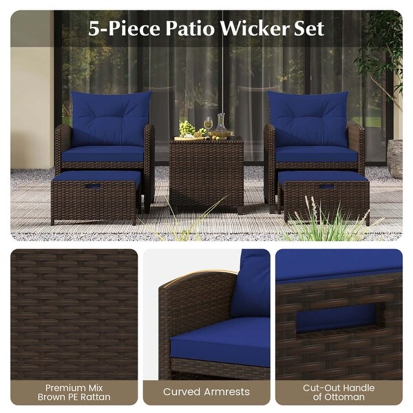 Costway 5 Piece Patio Rattan Furniture with 2 Ottomans and Tempered