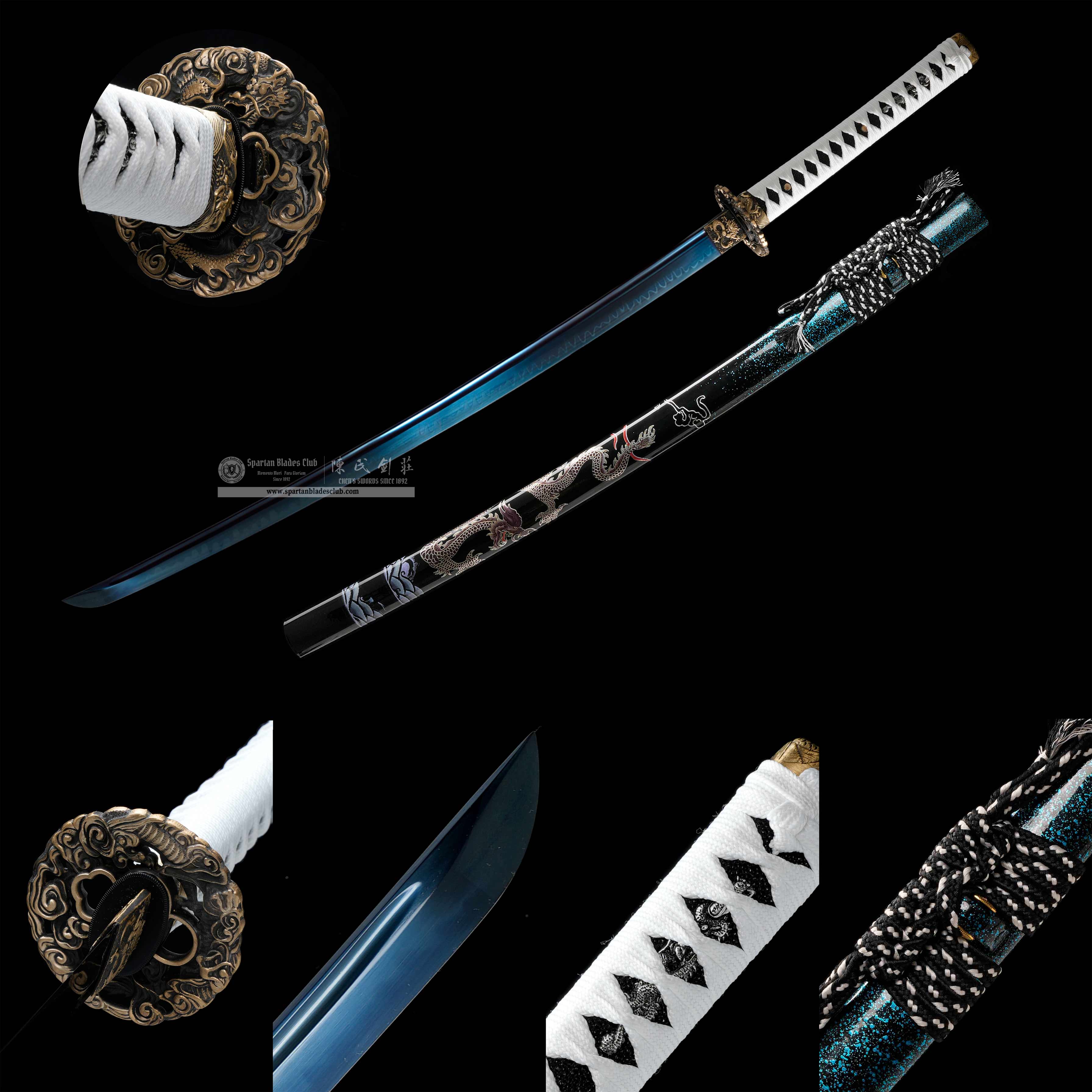 HY173 | Canghai Longzun | Katana | T10 Steel Clay-tempered | Real Hamon | Loong (Chinese dragon) | Blue | Battle-Ready | Full-tang | Spartan Blades Club | CHEN'S SWORDS 1892 - Spartan Blades Club - 陳氏劍莊1892