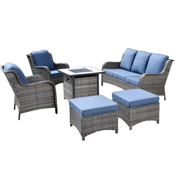 OVIOS Grey Wicker 6piece Patio Furniture Set With Fire Pit
