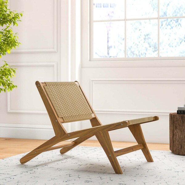 Costway Teak Wooden Chair with Braided Rope Seat and Backrest Mid