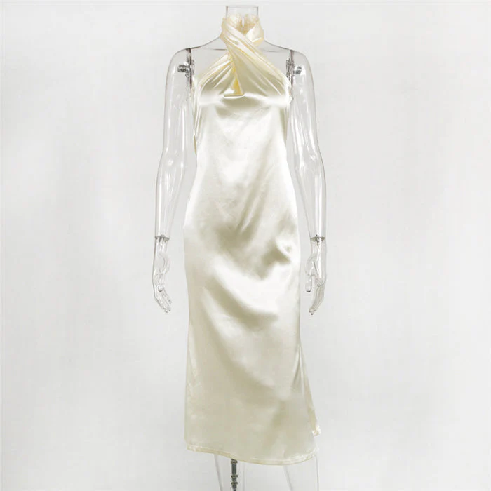 Backless Satin Halter Maxi DressClistos