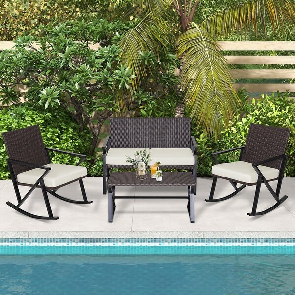 4PCS Patio Rattan Wicker Rocking Chairs Loveseat Table Rocker