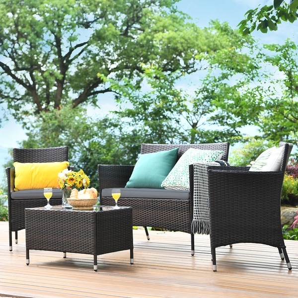 Gymax 4PCS Patio Rattan Conversation Furniture Set Outdoor w/ Gray