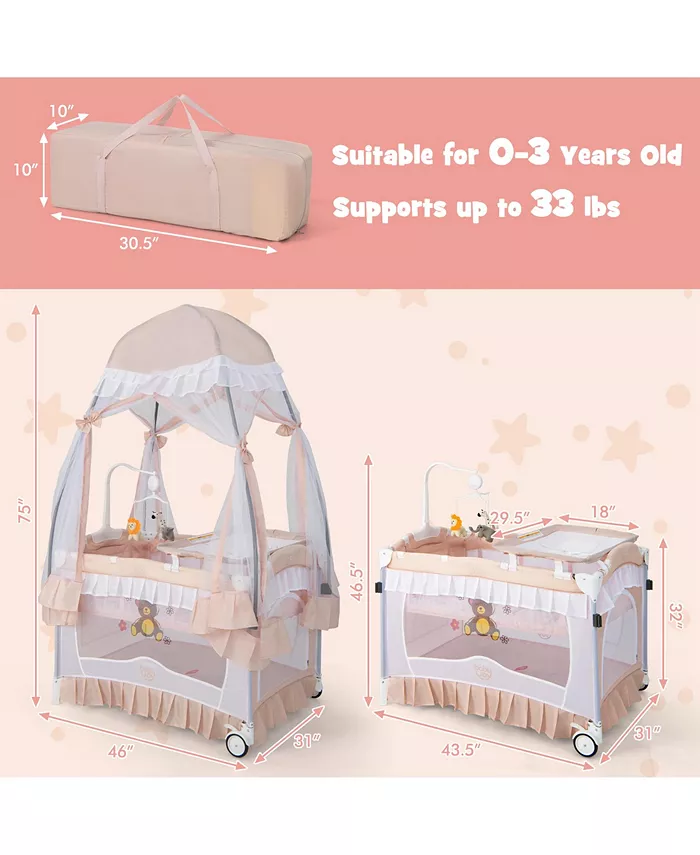 Costway Portable Baby Playpen Crib Cradle Bassinet Changing Pad Mosquito Net Toys w Bag