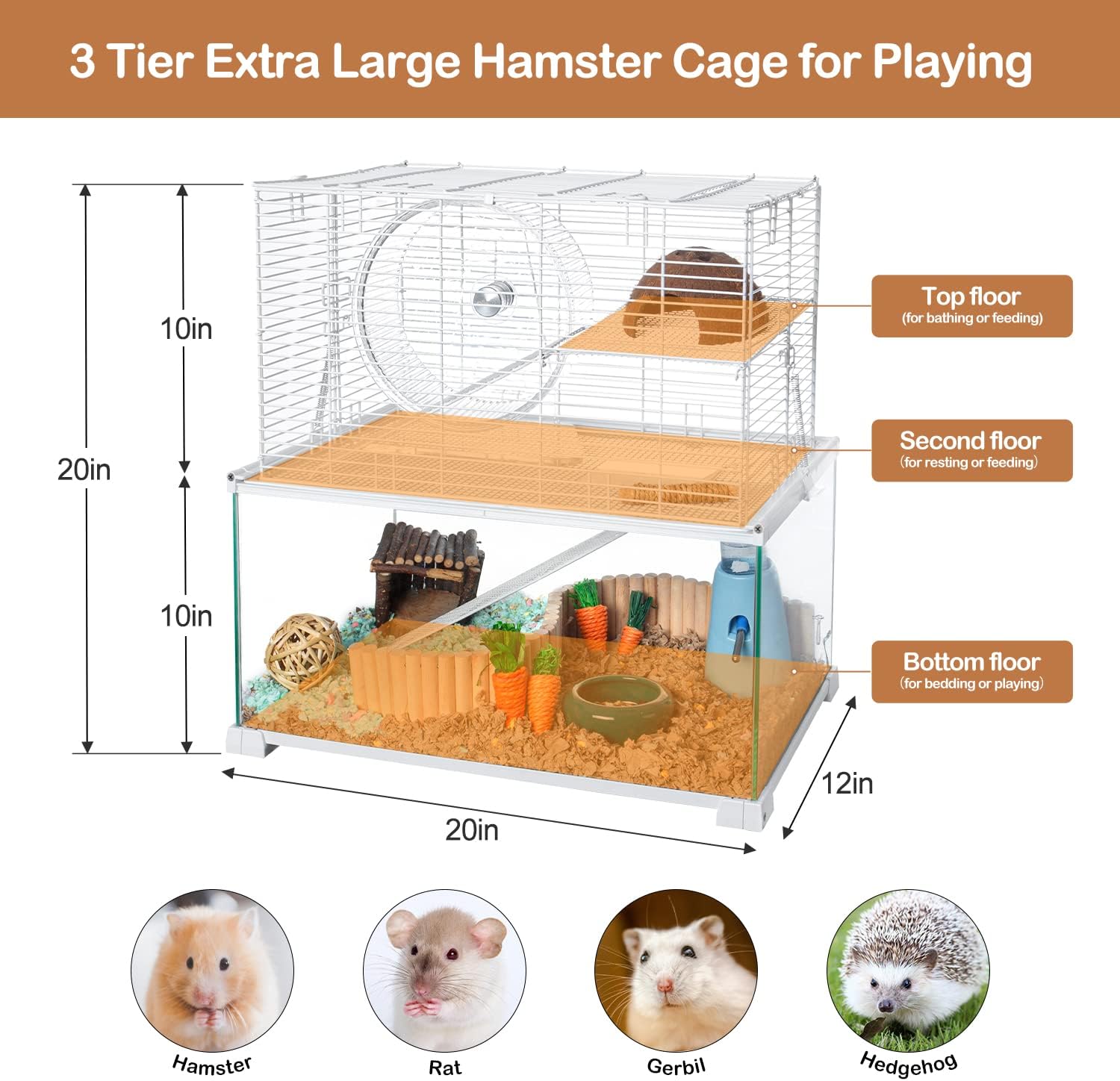 3 Tiers Large Hamster Cages, Glass Hamster Cage Habitat with Openable Wire Topper, Gerbil Cage with Two Ladders Ramps and Removeable Waterproof PVC Tray, Easy to Clean