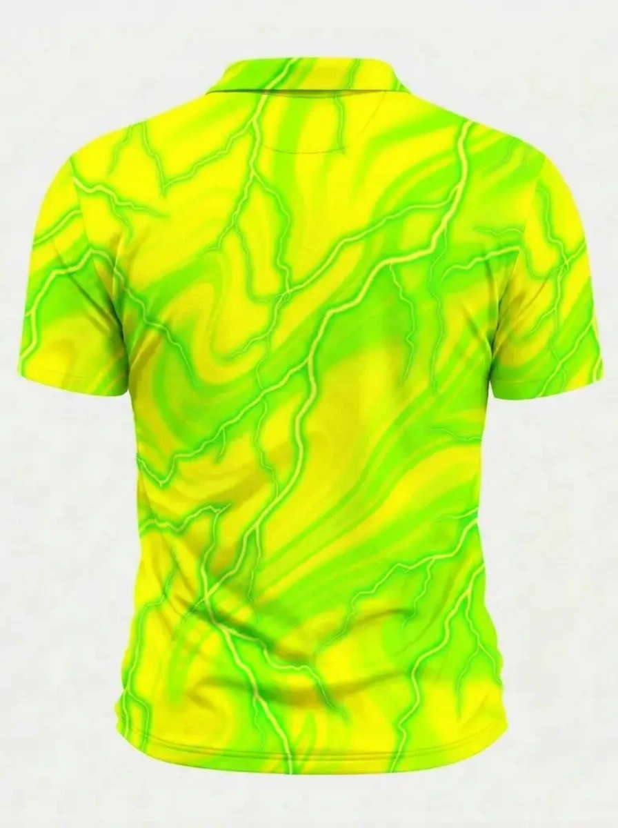 Moisture Wicking Golf Polo 3D Green Yellow Marble Lightning Print Button Short Sleeve Golf Polo Shirt