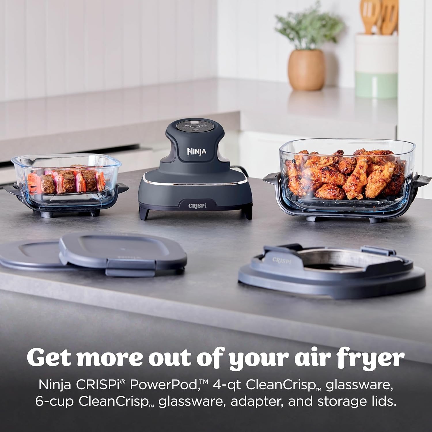 4-in-1 Glass Air Fryer | 450°F | Non-Toxic | 4QT & 6-Cup Glass Containers w/Lids | Microwave, Freezer, Dishwasher Safe | Max Crisp, Air Fry, Bake, Recrisp | Cyberspace Gray