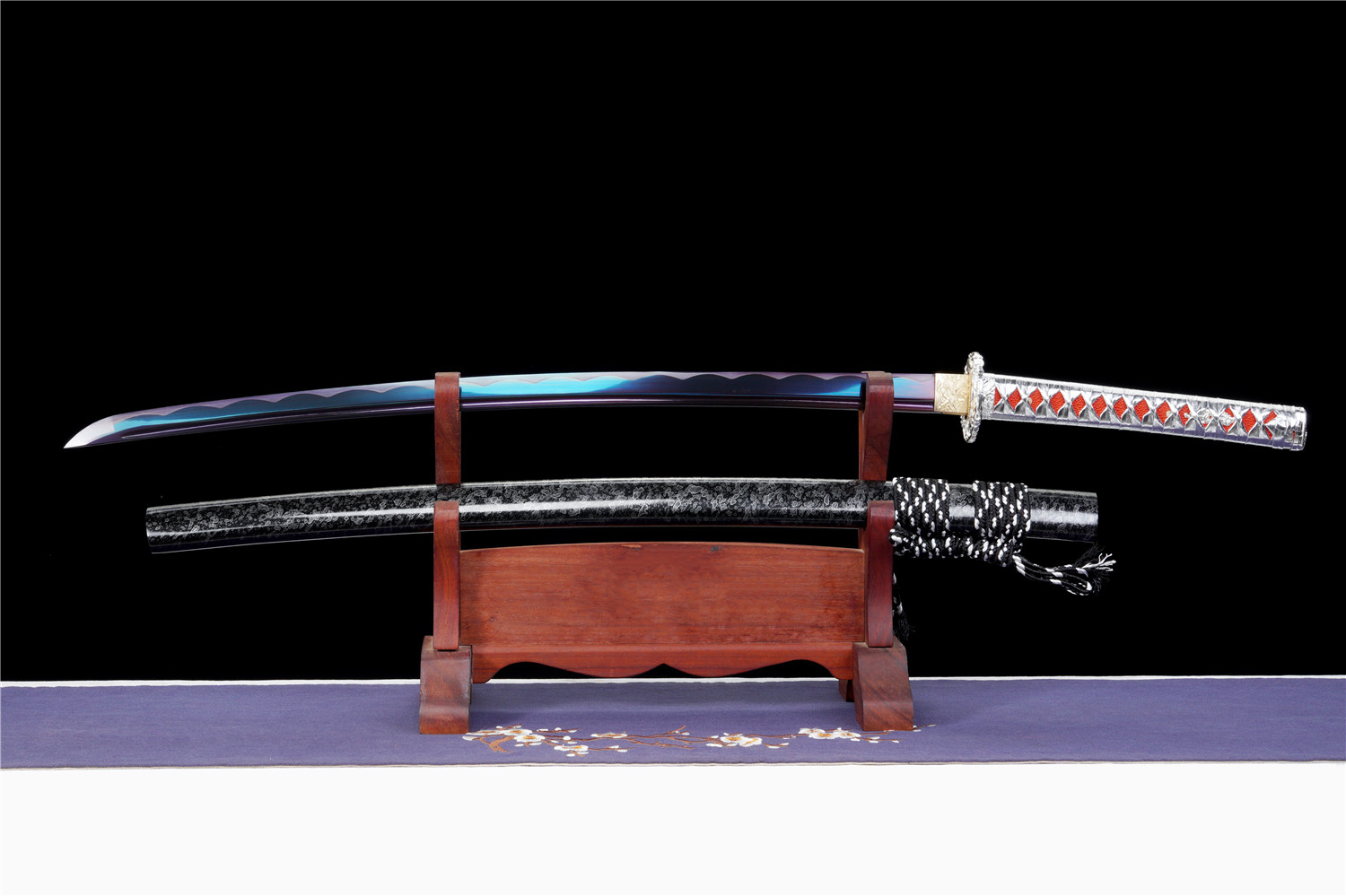 Handmade Katana High Carbon Purple Blade Alloy Tsuba Silver Saya Full Tang
