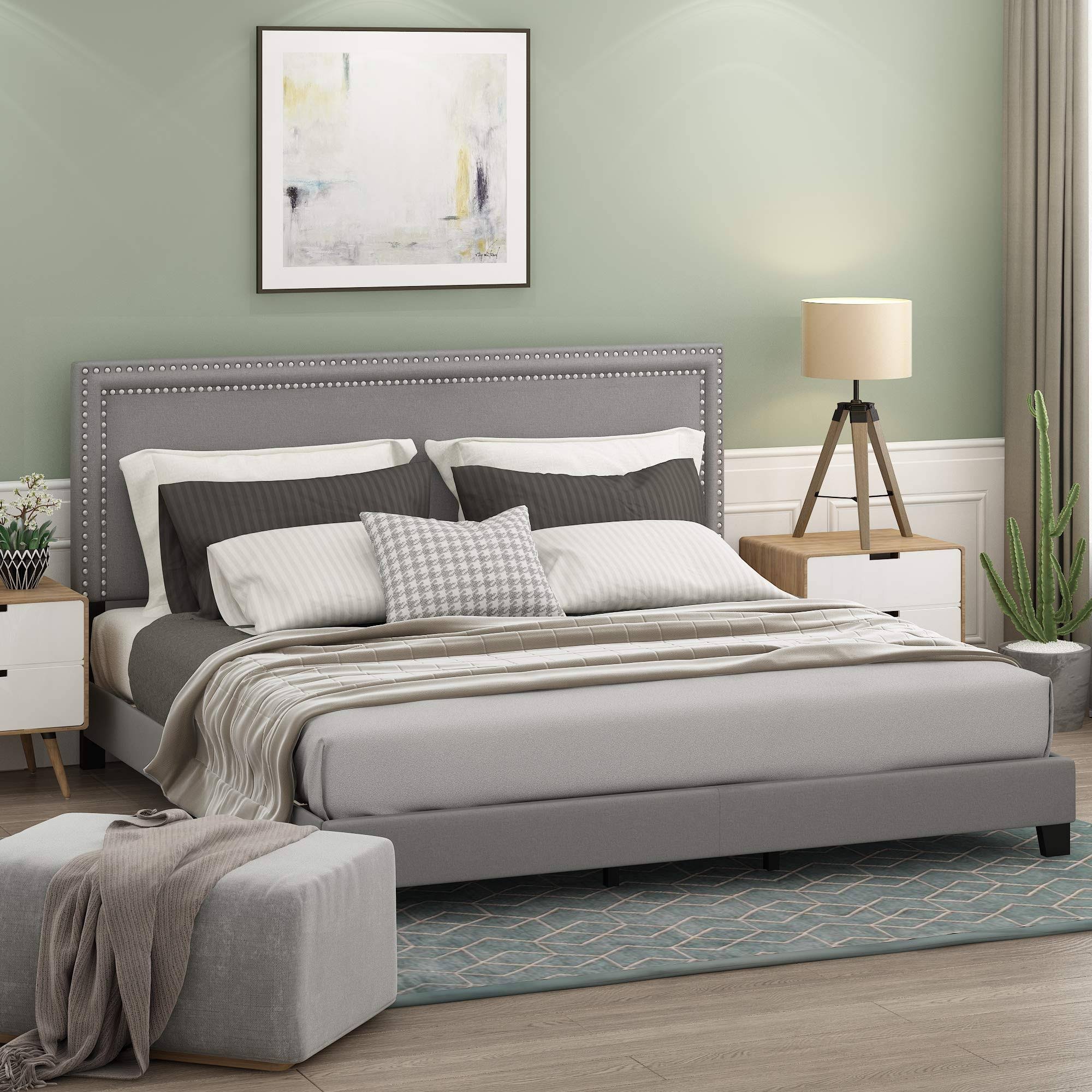 Furinno Laval Double Row Nail Head 12pc Slat Style Bed Frame, King, Glacier