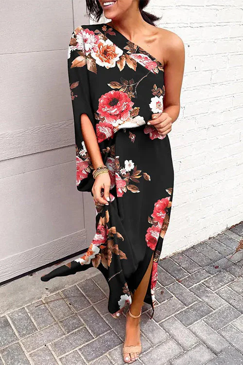 One Shoulder Floral Print Maxi Dress with SlitClistos