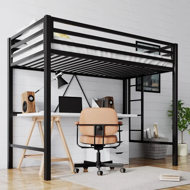 Space-Saving Twin Loft Bed – Heavy-Duty Metal Frame with Ladder & Guardrail, No Box Spring Needed (Black)