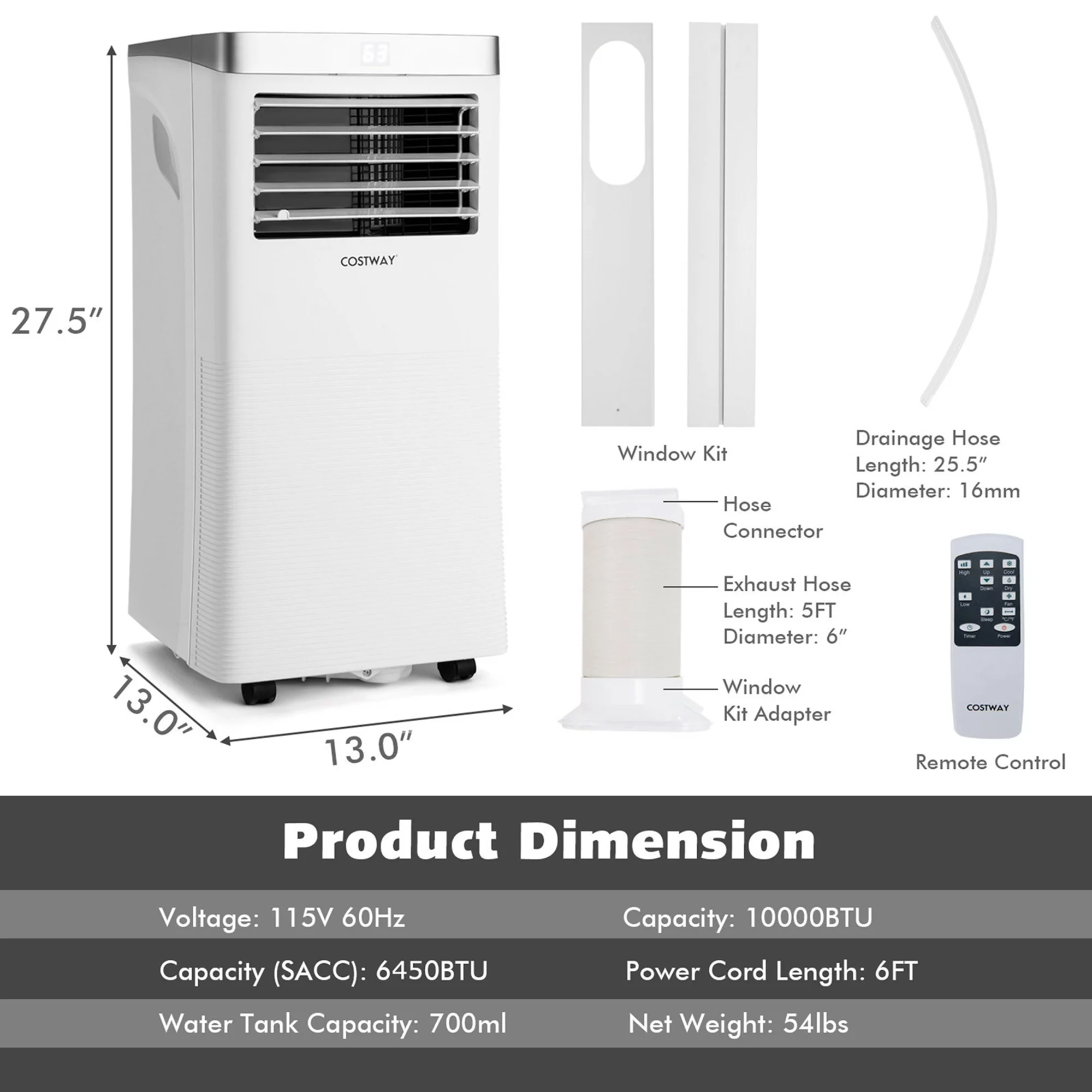 Costway 6450 BTU (10000BTU ASHRAE) Portable Air Conditioner 3-in-1 Air Cooler with Remote Control