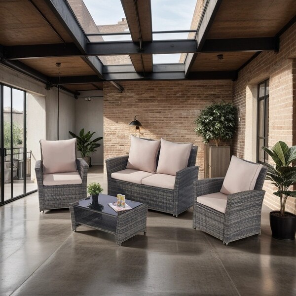 4PCS Outdoor Rattan Wicker Set with Chair and Coffee Table,Sand Color