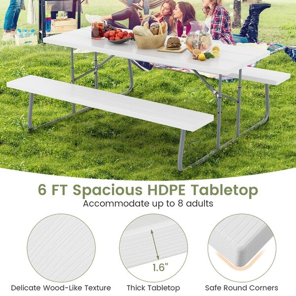 Folding Picnic Table Set with Metal Frame and AllWeather HDPE Tabletop,Umbrella Hole