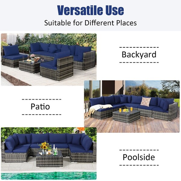 7PCS Patio Rattan Furniture Set Sectional Sofa Garden Cushion