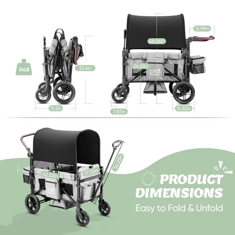 Premium 2-Child Wagon Stroller – Convertible Bassinet Option, Removable Canopy, Snack Tray, 5-Point Safety Harness & All-Terrain PU Wheels