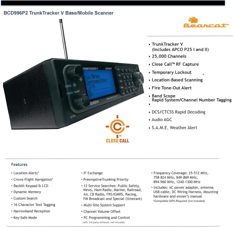 Uniden BCD996P2 Digital Trunking Scanner – 25K Channels, Close Call RF Capture, 4-Line Display, Base/Mobile Use, P25 Phase 2 Compatible