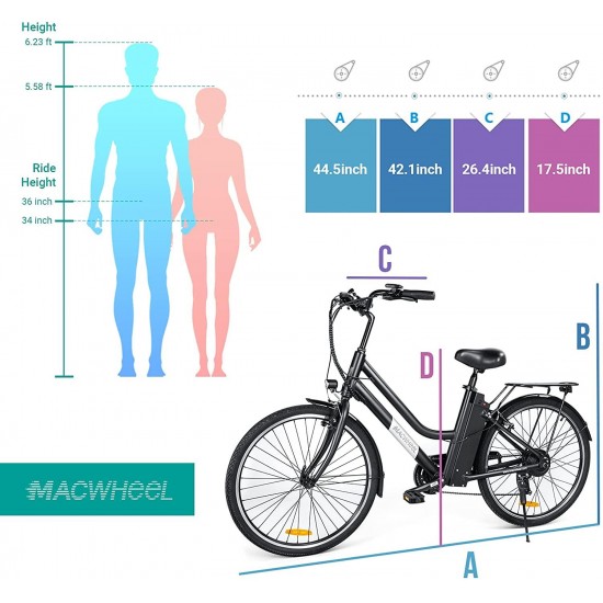 26″ Electric Bike, Removable 36V/10Ah Lithium-ion Battery, Max Speed 15.5MPH, 6/7-Speed Gear Electric Commuter Bike with Throttle & Pedal Assist