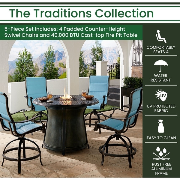 Hanover Traditions 5Piece HighDining Set in Blue with 4 Padded CounterHeight Swivel Chairs and 40,000 BTU Fire Pit Table