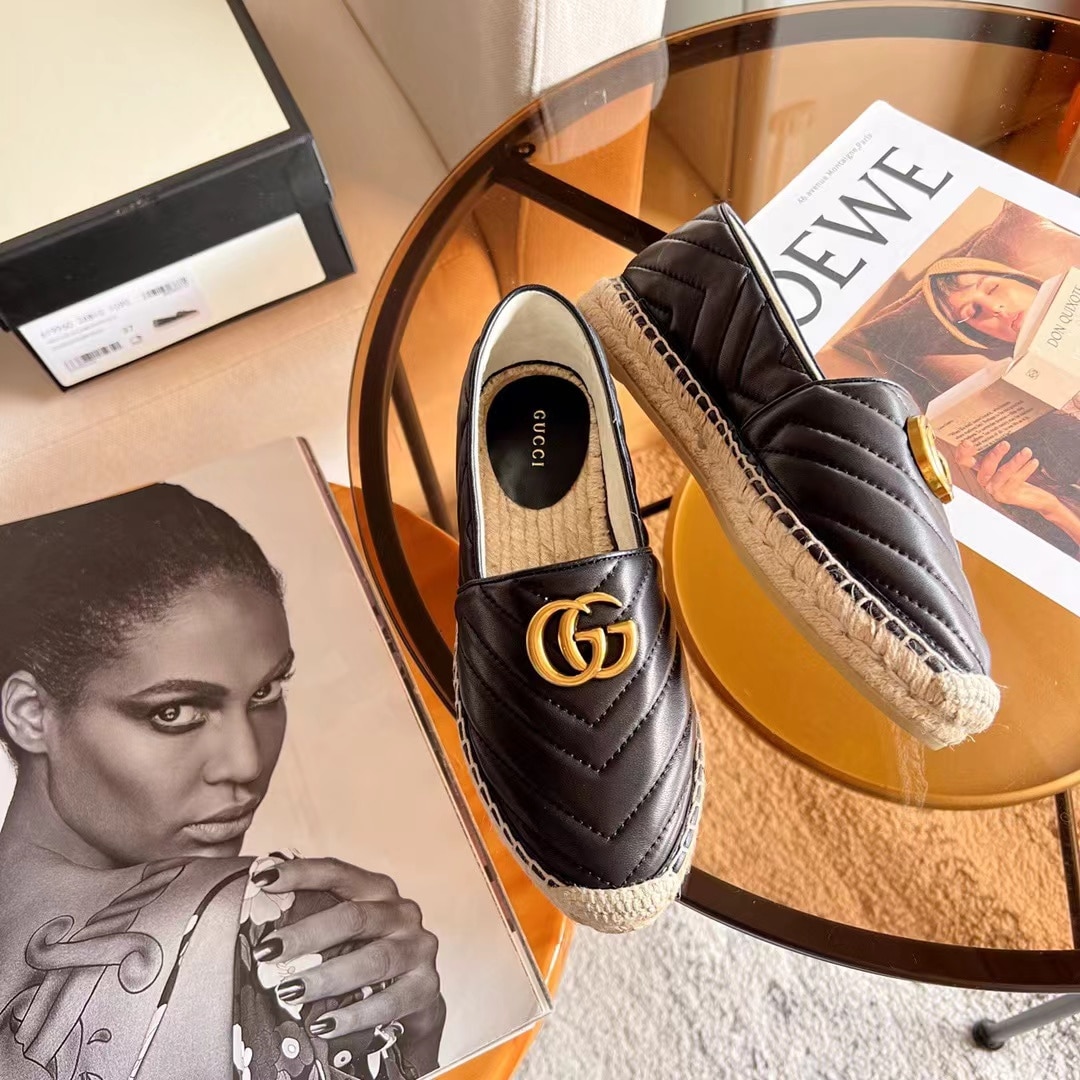 Gucci Espadrille Matelasse Chevron Leather With Double G Black 551890 Bko00 1000
