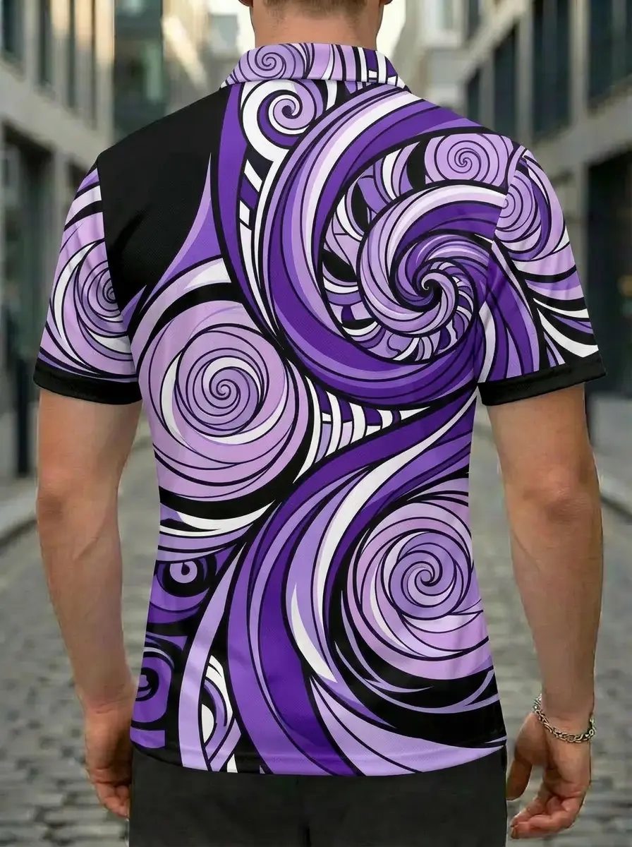 Moisture Wicking Golf Polo 3D Purple Black White Swirl Spiral Button Short Sleeve Golf Polo Shirt