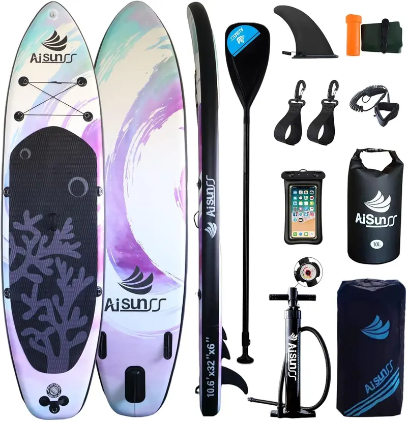 Wide-Deck Inflatable SUP Board Bundle – Includes Carry Bag, Hand Pump, Waterproof Dry Bag & Adjustable Paddle