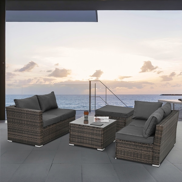 4Piece Patio Conversation Wicker Furniture Set,Sectional Sofa Set with Tempered Glass Coffee Table,Sofa Chair and Ottoman Sets