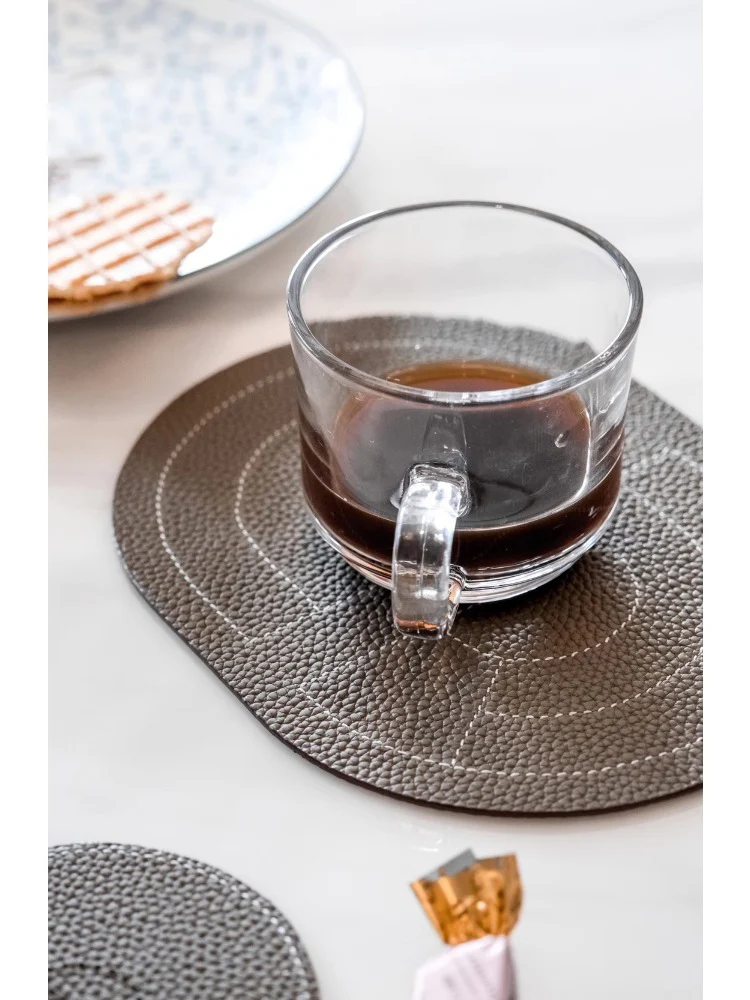 DC078 (Set) - Calfskin Elephant Gray Outer Stitching Dining Mat Table Mat Cup Mat Tea Tray (Set of Three)