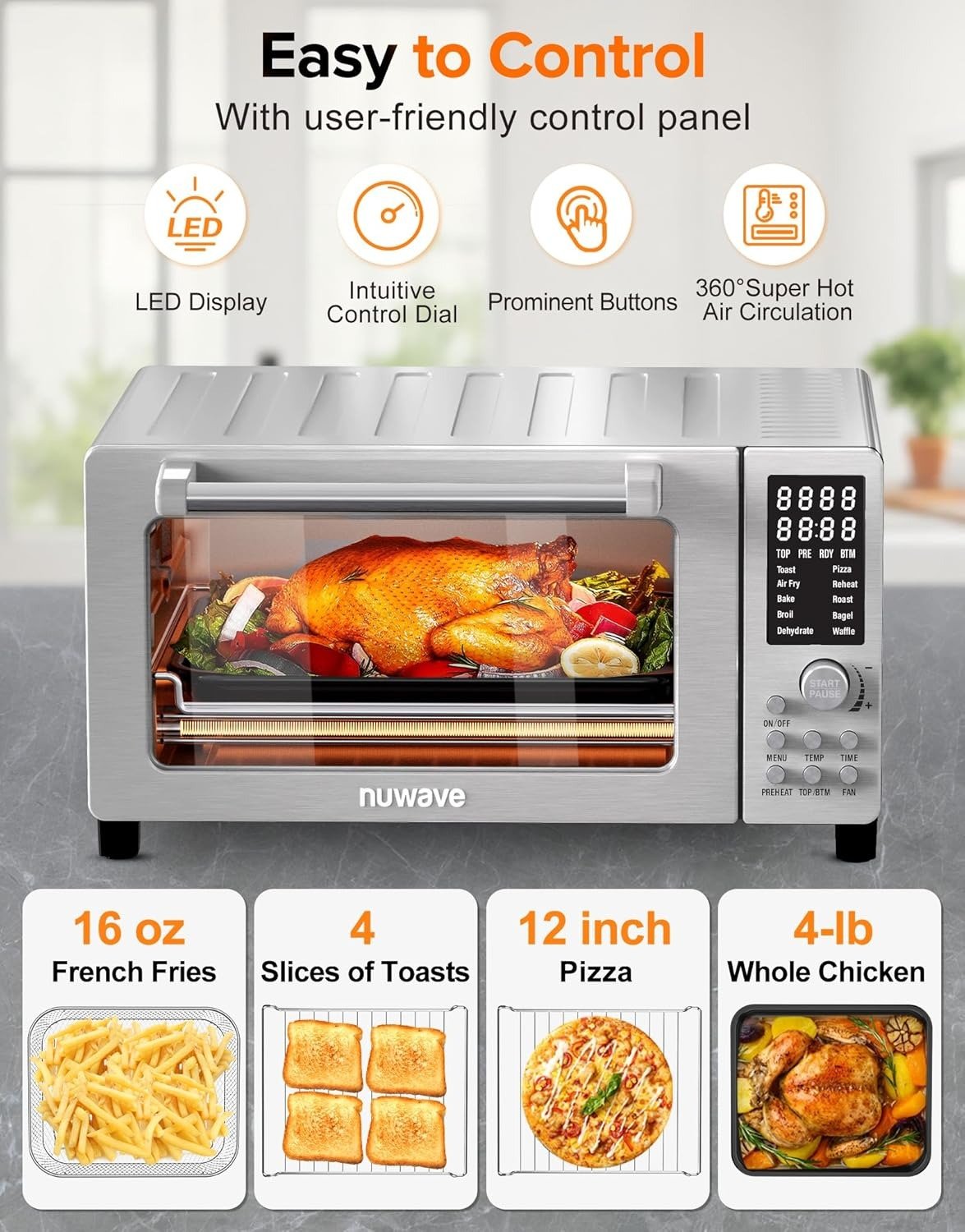Smart 21QT Toaster Oven Air Fryer Combo, Convection Oven Countertop, 10 functions all in 1, with even & quick crisp technology, 50-450°F, 1800W, Stainless Steel
