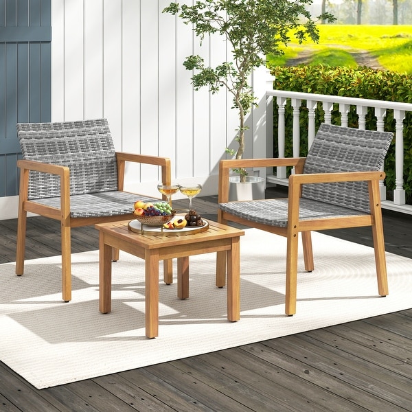 Costway 3 PCS Outdoor Furniture Set,Acacia Wood Frame Sofa Set with