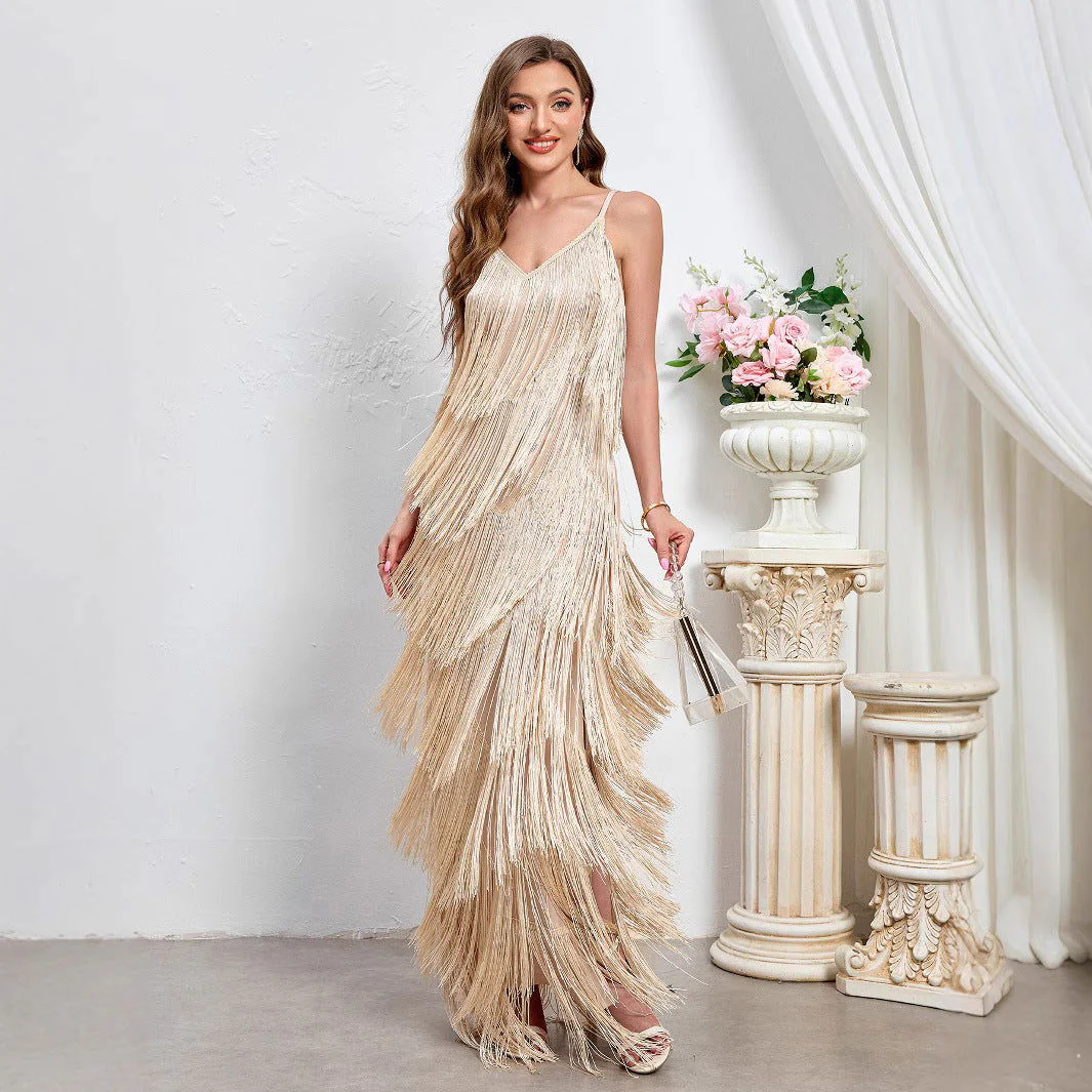 Fringe Maxi Dress | Spaghetti Strap Bodycon GownClistos