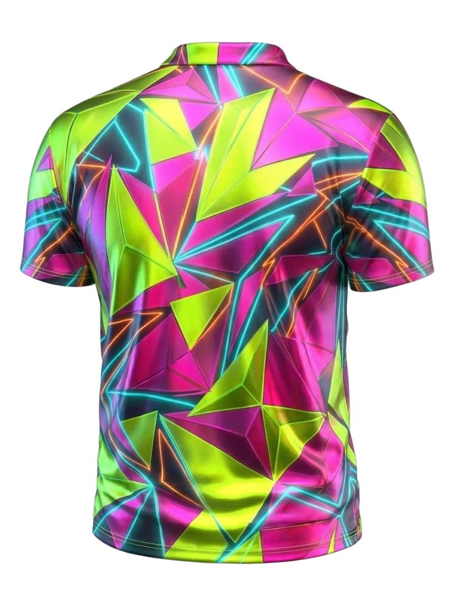 Moisture Wicking Golf Polo 3D Pink Green Neon Geometric Button Short Sleeve Golf Polo Shirt