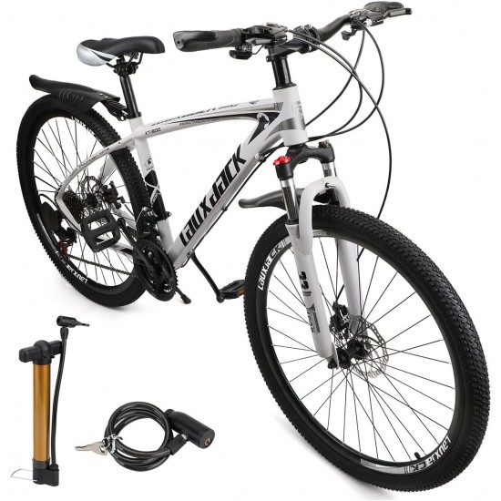 Mens Mountain Bike 27.5-Inch Wheels, Aluminum Frame, 21 Speed Thumb Shifter, Front Suspension, Dual Disc Brakes Women Adult Bicycles Black-White w/mudguards, Bike Lock, Air Pump