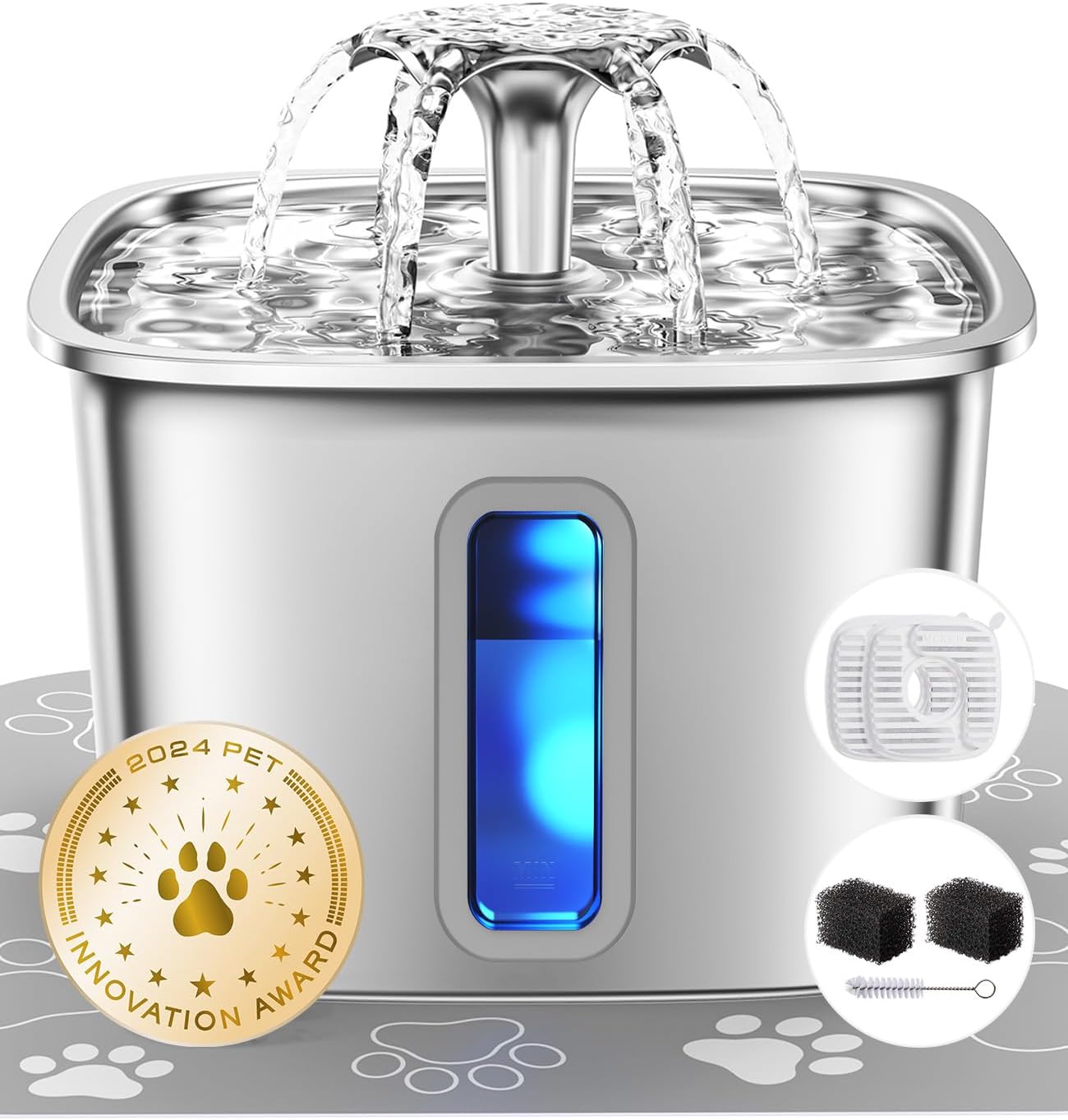 Veken Innovation Award Winner Stainless Steel Cat Water Fountain, 108oz/3.2L Automatic Pet Fountain Dog Water Dispenser with Replacement Filters & Silicone Mat for Cats, Dogs (Tea Green)