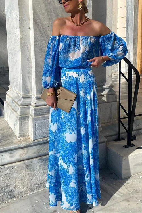 Off Shoulder Floral Maxi Dress with Balloon SleevesClistos