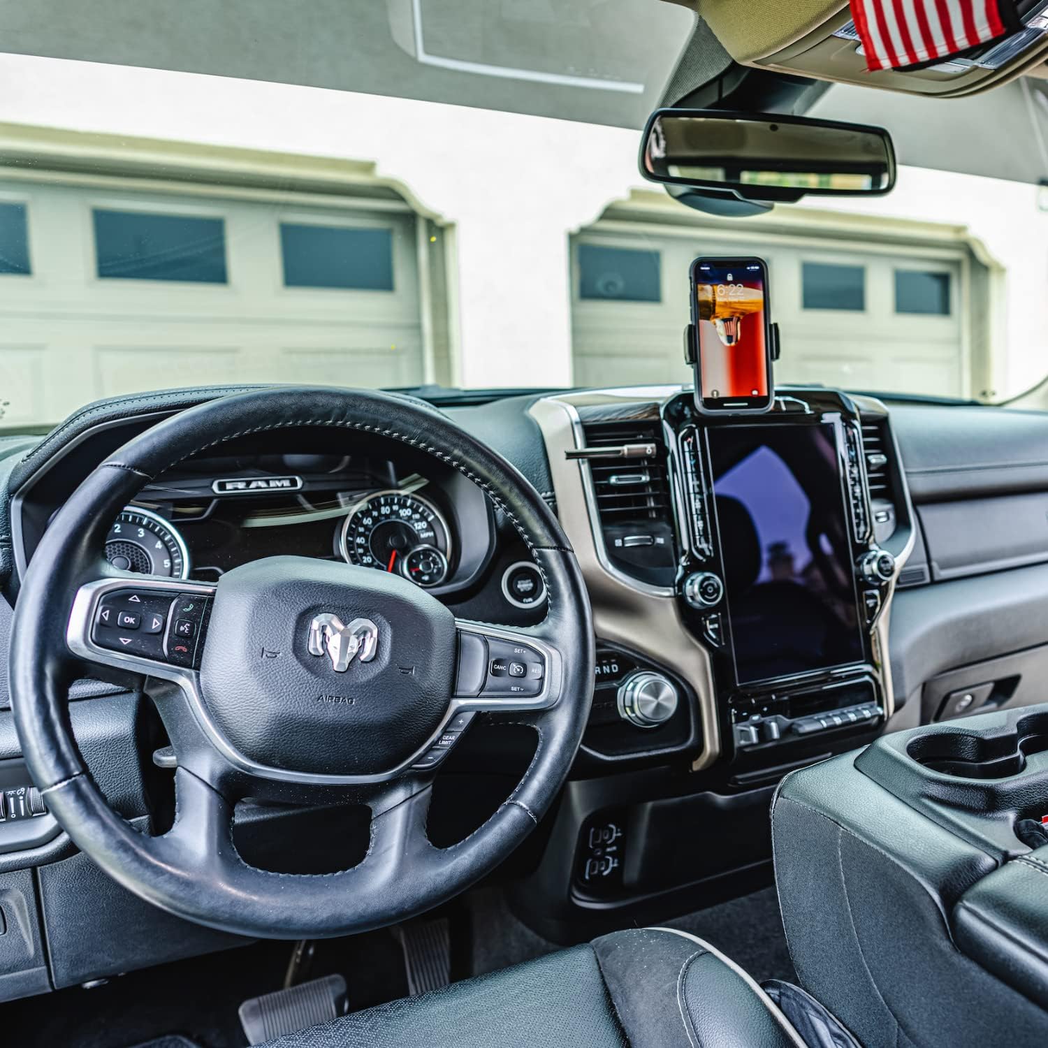 Dash Mount Cell Phone Holder RAM Truck Compatible (2019+ 1500, 2500, 3500 and TRX) with 20mm Ball Mount - Compatible with iPhone and Android Smartphones (Dual Ball with 2 Phone Holders)