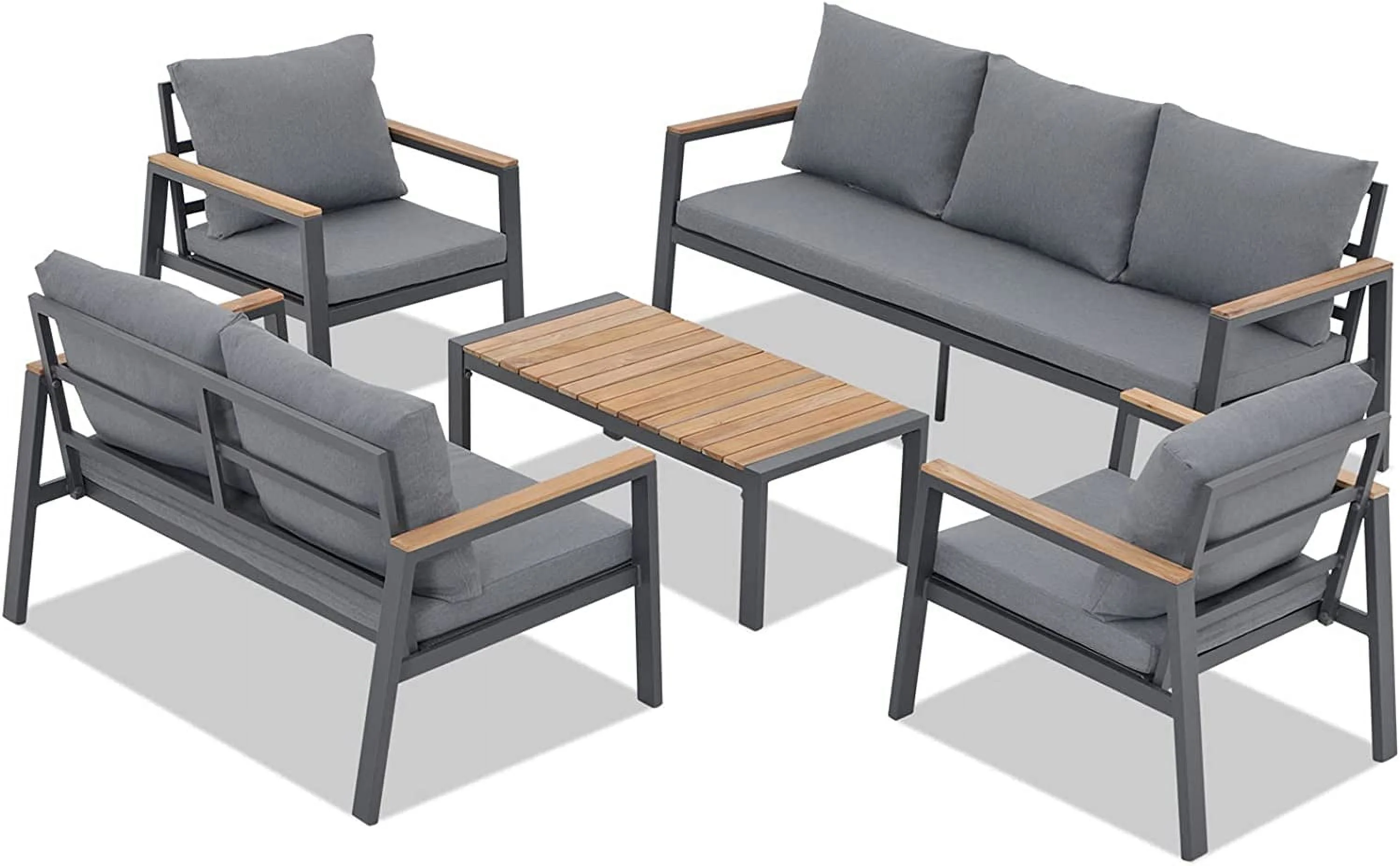 Perfect Aluminum Patio Furniture Set  5 Pieces Outdoor Conversation Set with Teak Wood Top Coffee Table  Sectional Sofa Set with Wood Armrest and Cushions for Outside Poolside  Lawn  Back