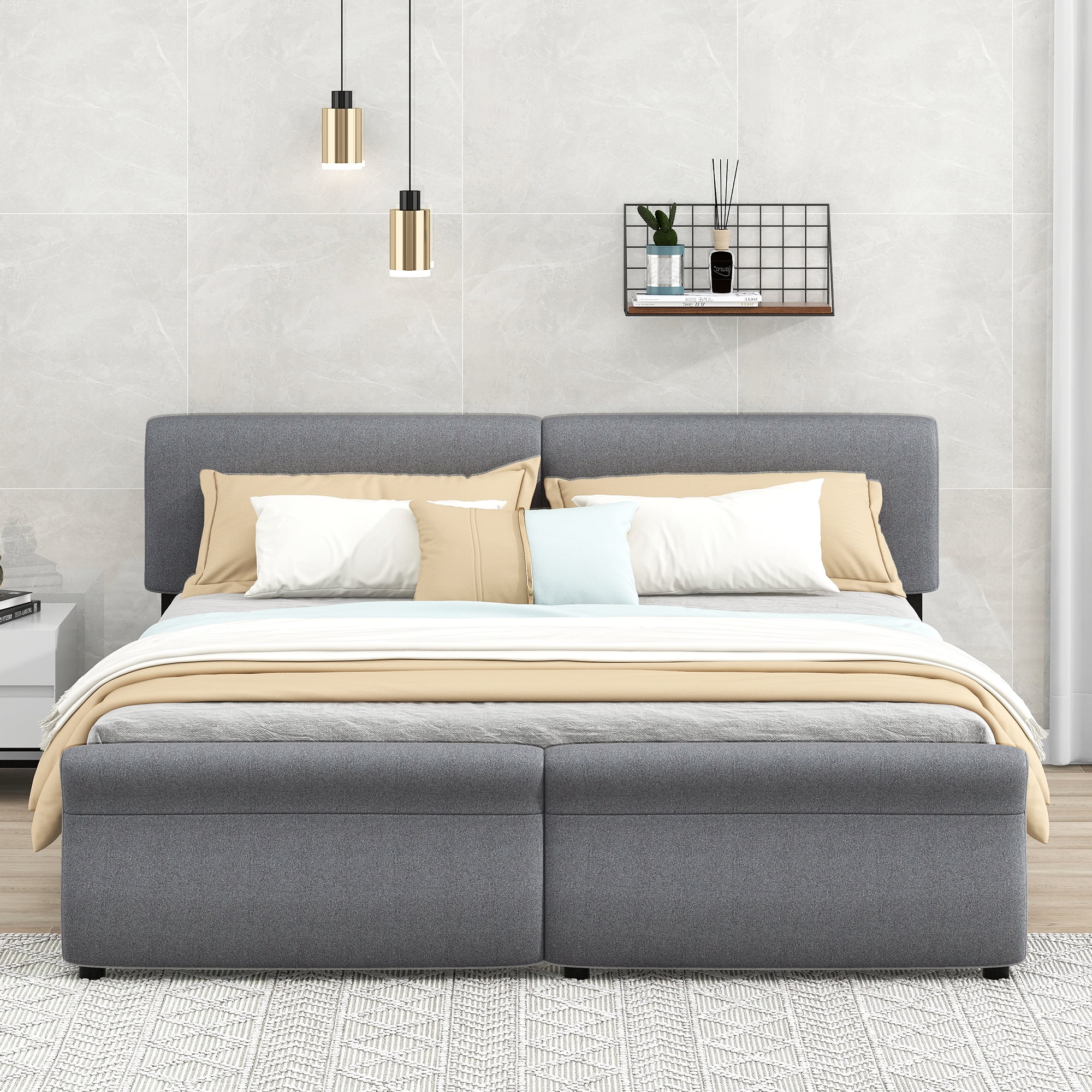 mountright King Size Linen Upholstered Platform Bed with Headboard and 2 Drawers, Platform Bed Frame with Wood Slat Support, No Box Spring Required, Gray