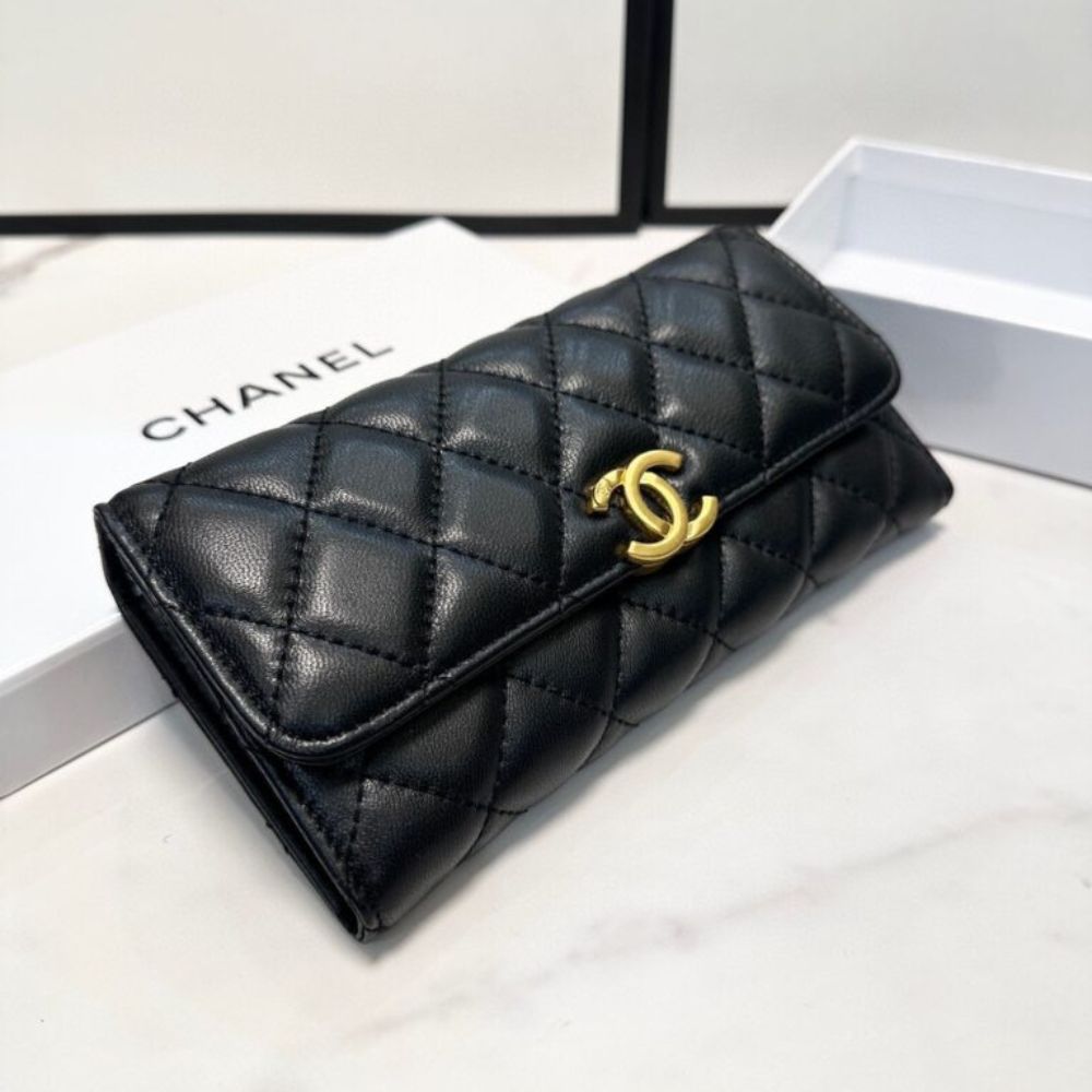 Chanel Cc Logo Long Flap Wallet Gold Black 7.5 Inches