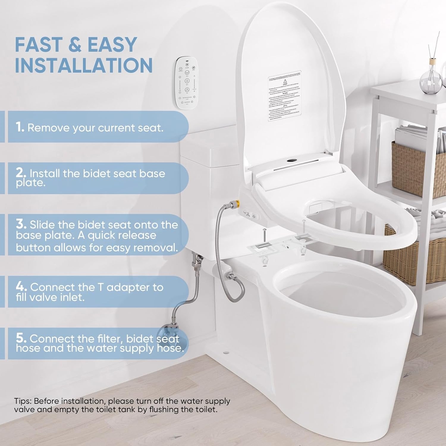 Round Electric Bidet Toilet Seat with Wireless Remote & Side Control, Warm Water & Dryer