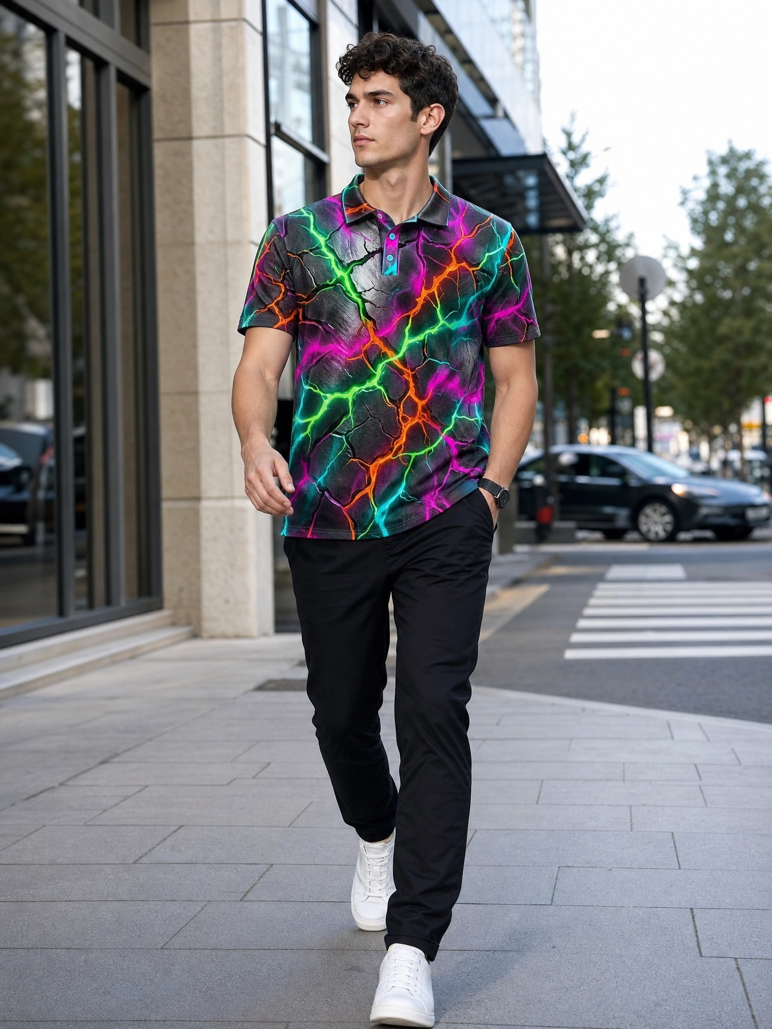 Moisture Wicking Golf Polo 3D Black Neon Cracked Lightning Button Short Sleeve Golf Polo Shirt