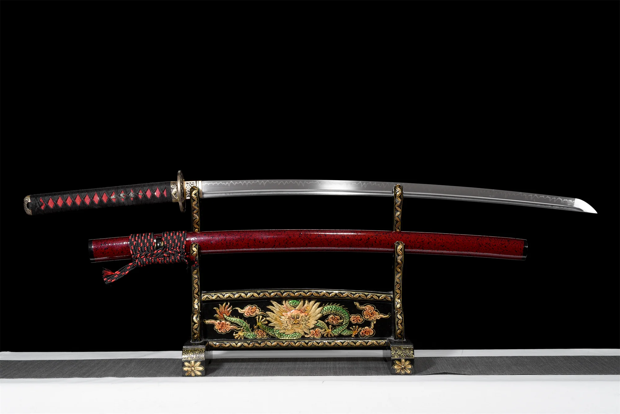 Black & Red Katana – T10 Clay Tempered, Full Tang