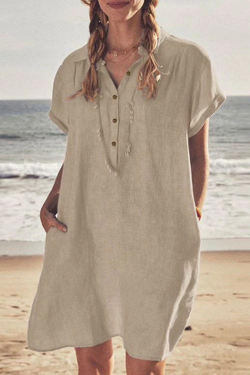 Collared Button-Down Linen Shirt DressClistos