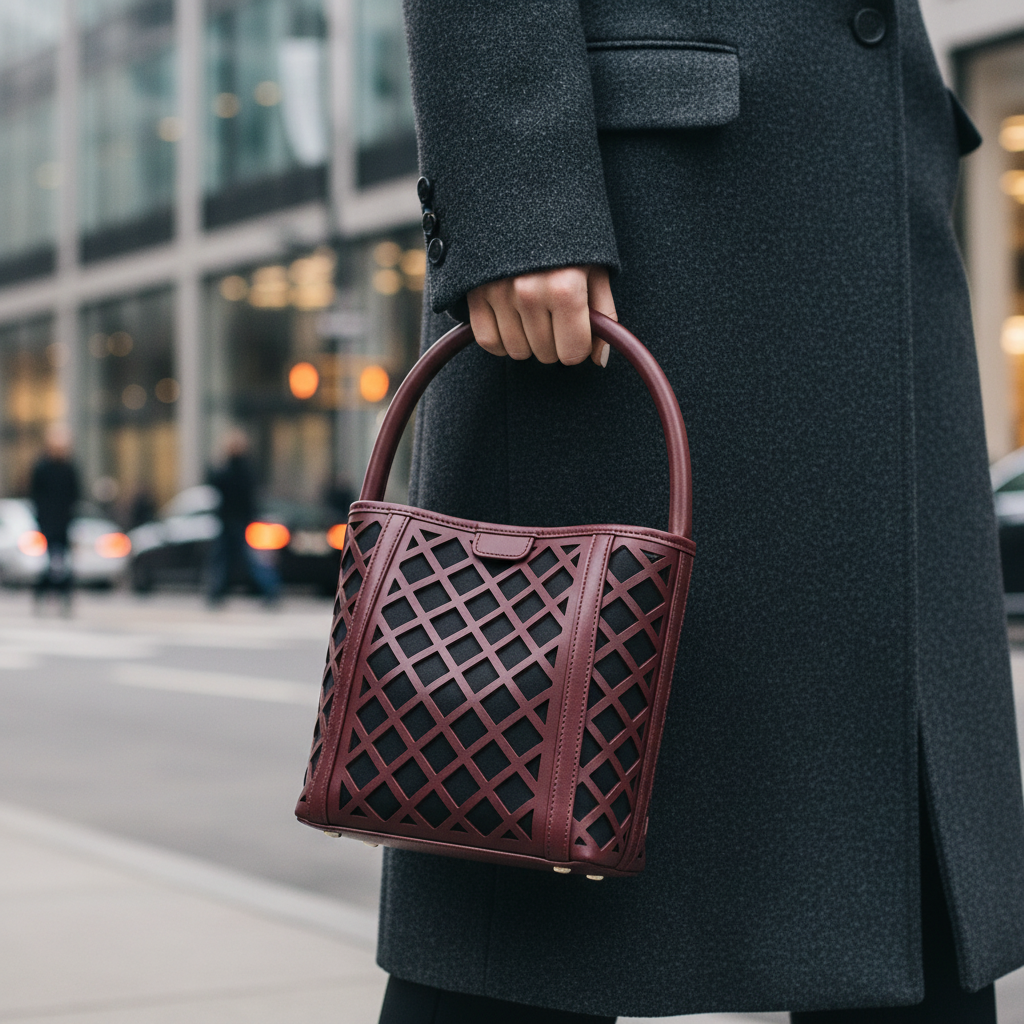 Burgundy Lattice Cutout Leather Bucket Bag