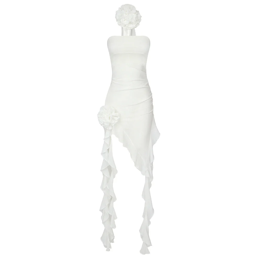 Strapless Floral Ruffle Asymmetrical DressClistos