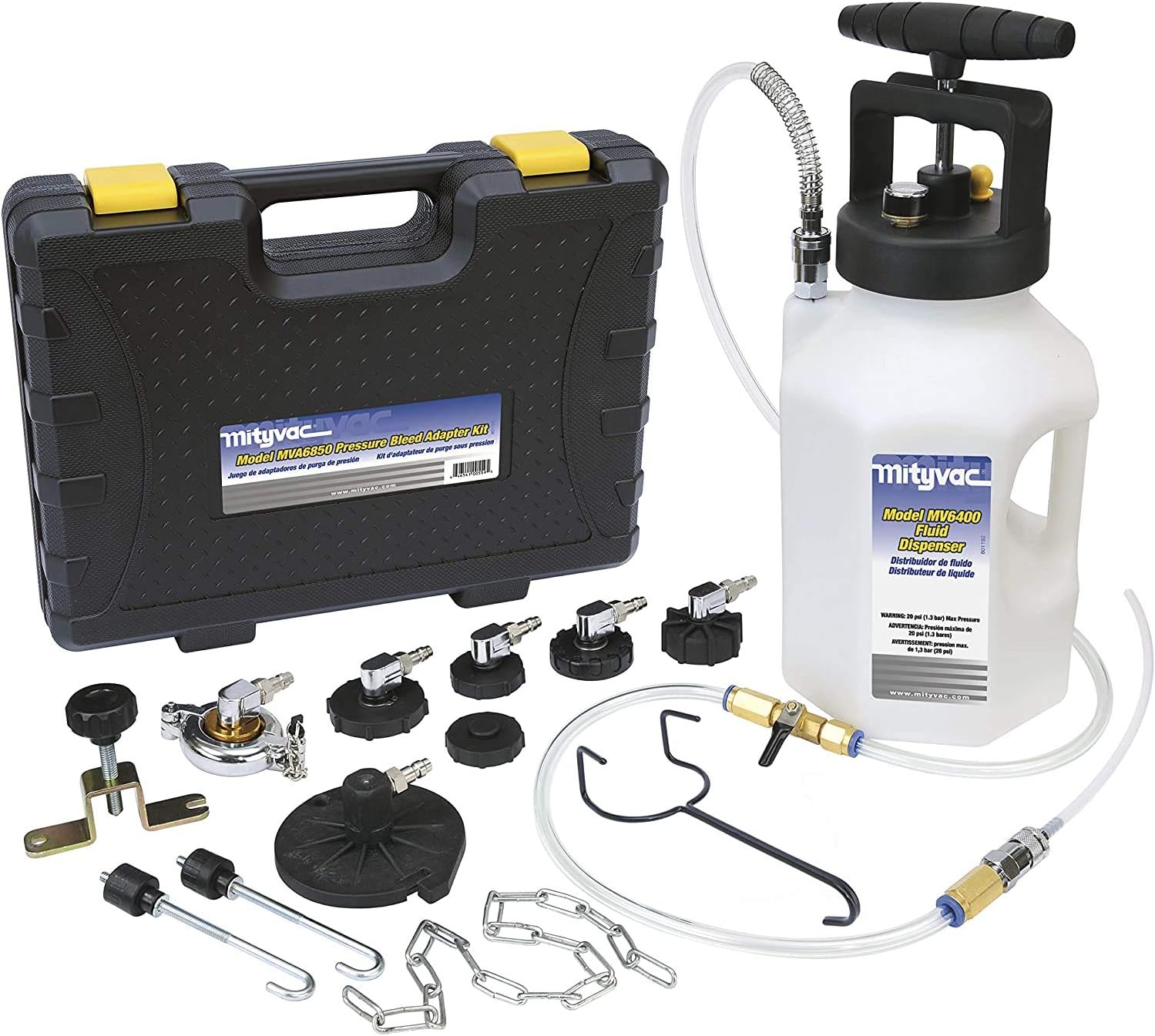 MV6840 Professional Hydraulic Brake and Clutch Pressure Bleeding System, Integrated Safety and Pressure Relief Valve, 7 Master Cylinder Adapters and Storage Case