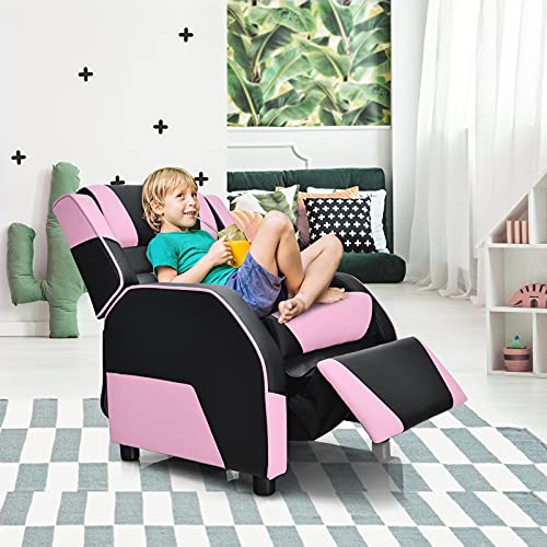 Costzon Kids Recliner, Gaming Recliner Chair w/Footrest, Headrest & Lumbar Support, Ergonomic Leather Lounge Chair for Living & Gaming Room, Adjustable Racing Style Sofa for Children Boys Girls, Red