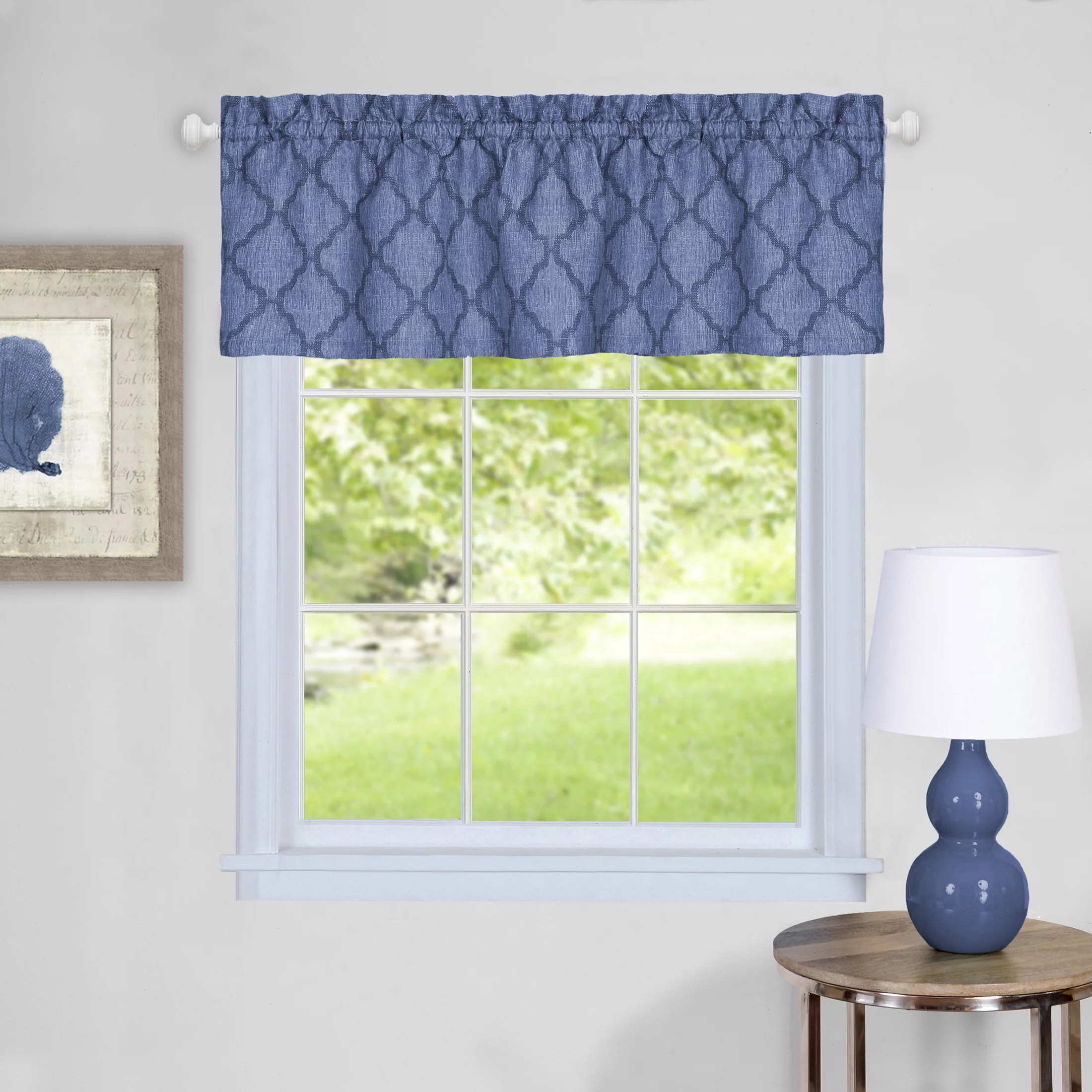 PowerSellerUSA 58W x 24L Inches Moroccan Trellis Design Tier Panels and Valance Set, 3-Pieces Window Kitchen Curtain Set, Top Rod Pocket Small Window Cafe Curtain Panels and Valance, Blue