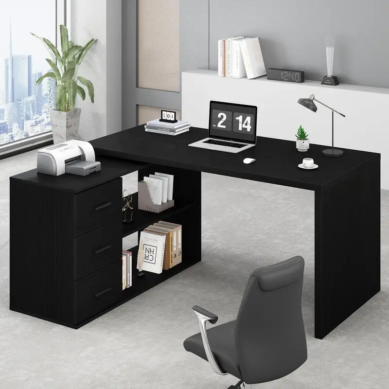 White Oak L-Shaped Executive Desk – Corner Home Office Workstation with Drawers, Shelves & Ample PC Workspace (60″)